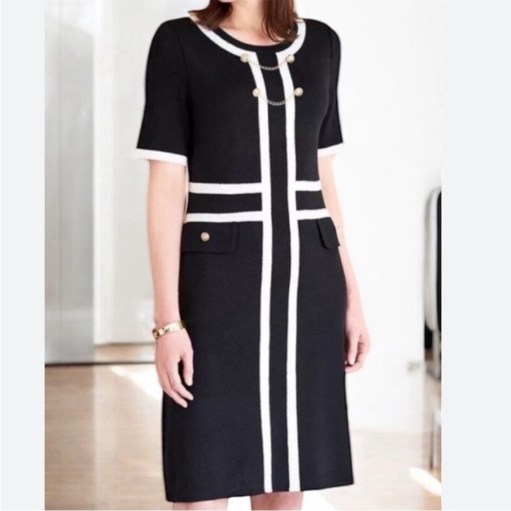 NWT Ming Wang Contrast Trim Black White Knit Dress Gold Button / Chain Size XL